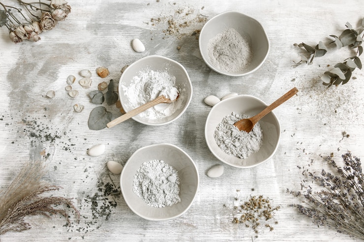 Free Photo flat lay composition with the preparation of a face mask from clay, natural ingredients in cosmetology.