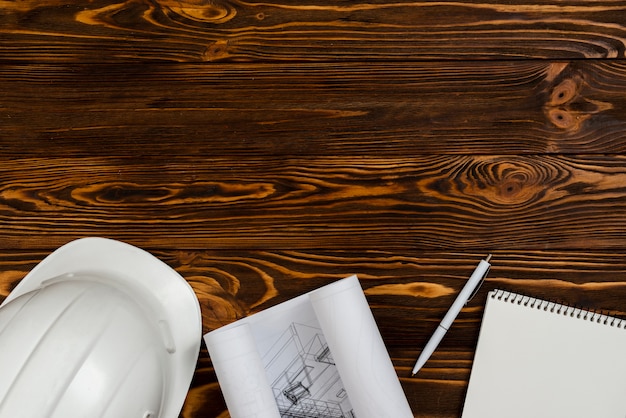 flat-lay construction engineer equipment with copyspace
