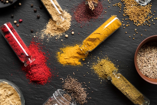 Flat lay containers with spices