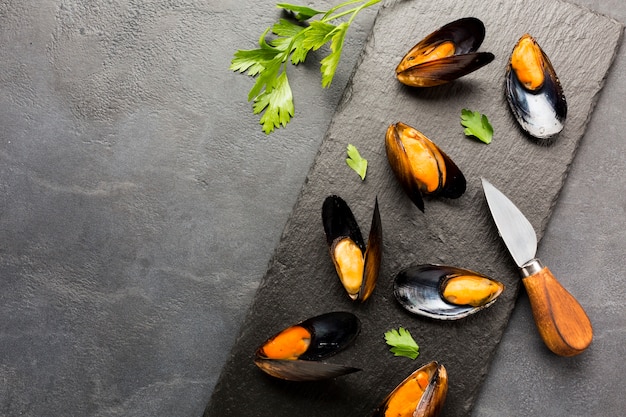 Flat-lay cooked mussels on slate with copyspace