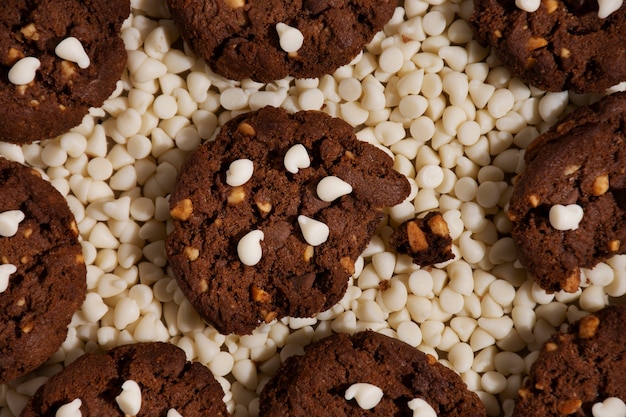 Flat lay cookies and chocolate chips arrangement