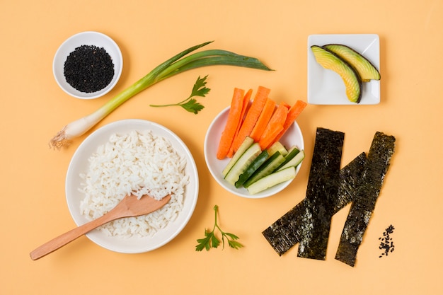 Flat lay cooking sushi process