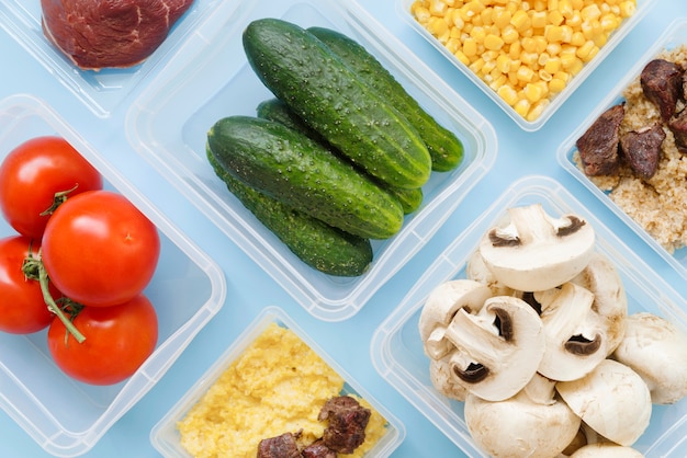 Flat lay of cucumber onion and mushrooms