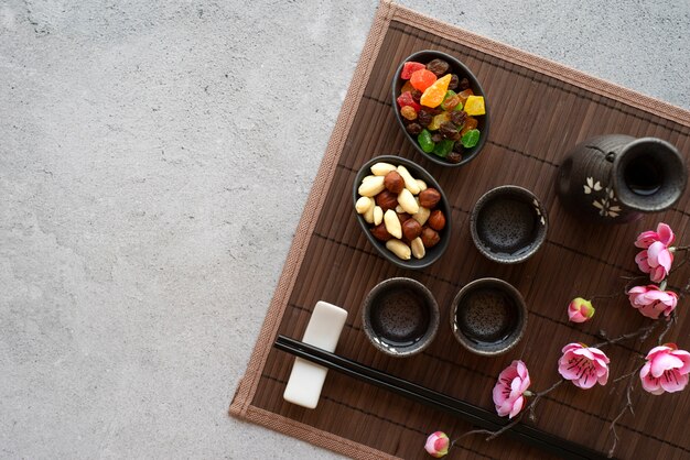 Flat lay cups and snacks arrangement