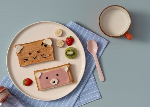 Flat lay cute children food on plate