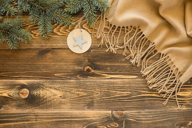 Flat lay cute winter on wooden background