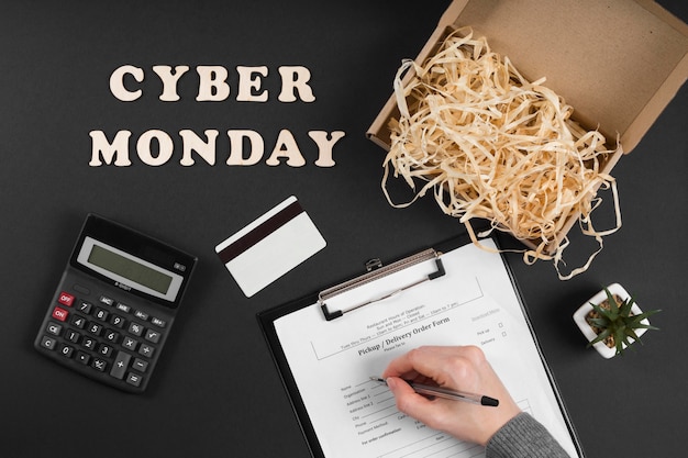 Flat lay cyber monday event elements with text