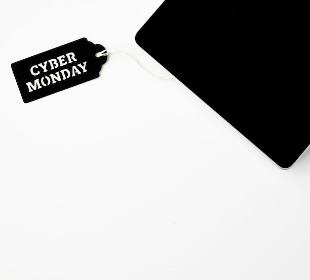 Flat lay of cyber monday tag with copy space