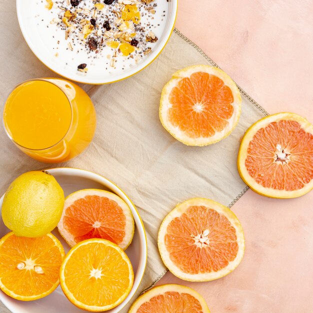 Flat lay decoration with healthy orange juice