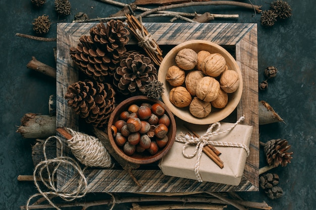 Flat lay decoration with nuts and pine cones