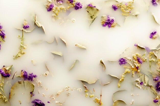 Flat lay delicate purple flowers in white colored water