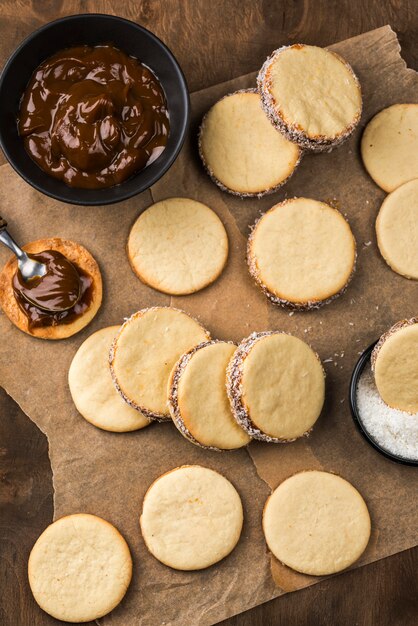 Flat lay of delicious alfajores arrangement