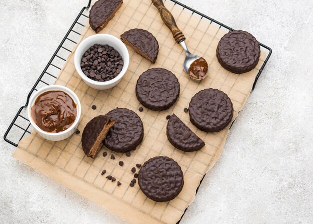 Flat lay of delicious alfajores arrangement