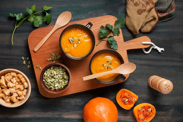 Flat lay delicious autumn food arrangement