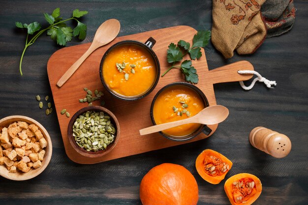 Flat lay delicious autumn food arrangement