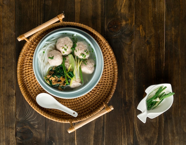 Flat lay delicious bakso bowl arrangement