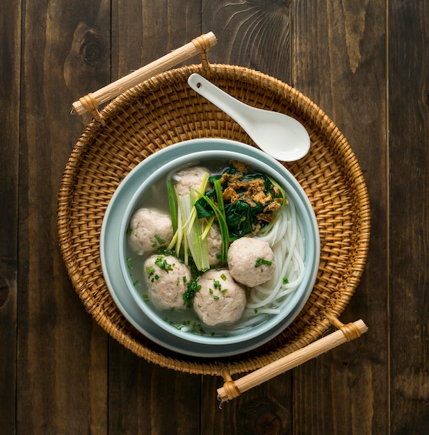 Flat lay delicious bakso bowl arrangement