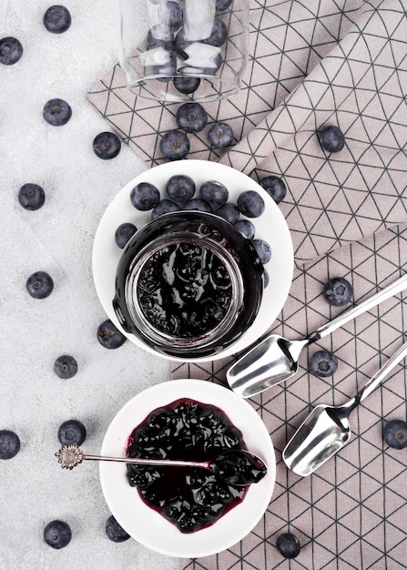 Flat lay delicious blueberry jam