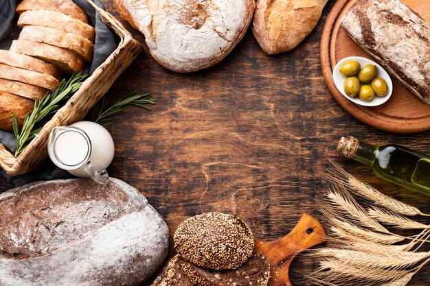 Flat lay of delicious bread with copy space