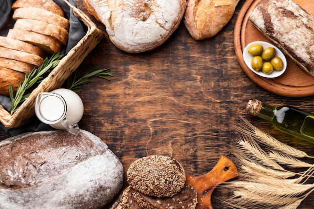 Flat lay of delicious bread with copy space