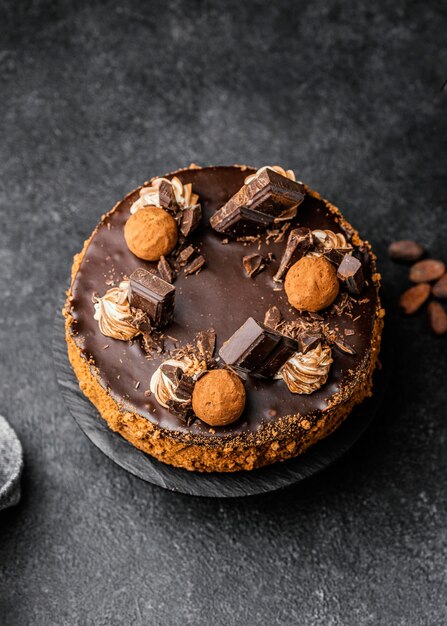 Flat lay of delicious chocolate cake on stand