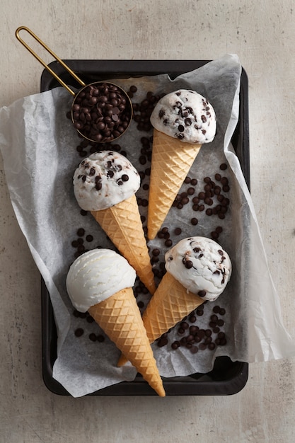 Flat lay delicious chocolate chips ice cream