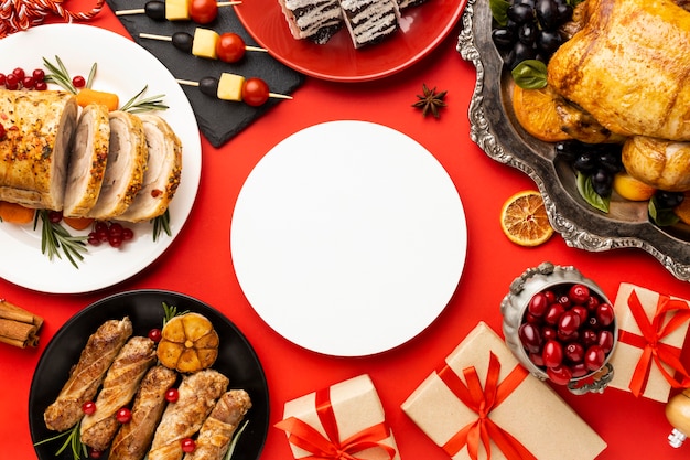 Flat lay delicious christmas food arrangement