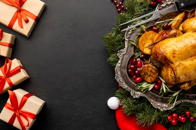 Flat lay delicious christmas food assortment with copy space
