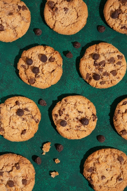 Flat lay delicious cookies with chocolate chips