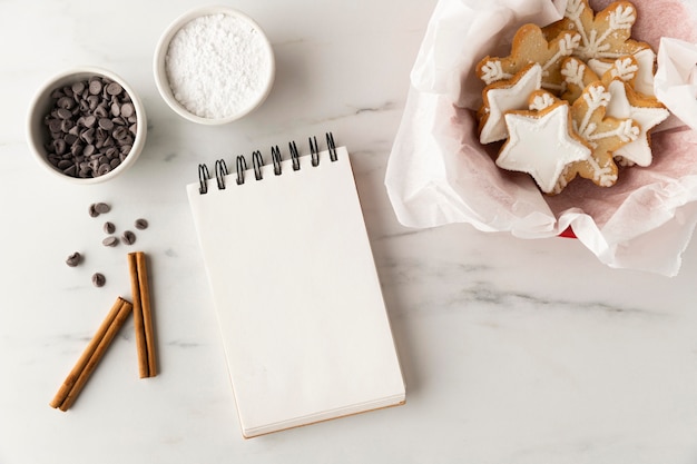 Flat lay of delicious cookies with copy space