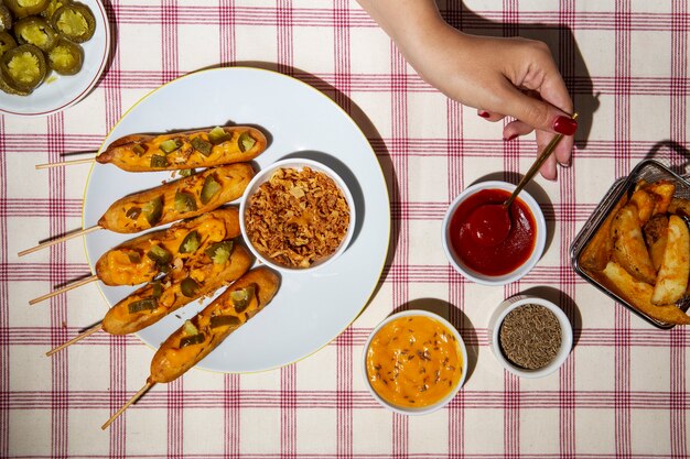 Flat lay delicious corn dogs arrangement