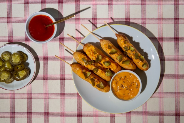 Flat lay delicious corn dogs assortment