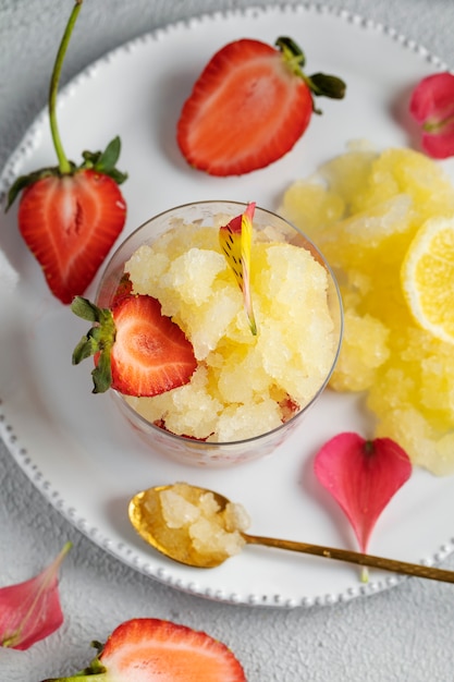 Flat lay delicious dessert with fruits