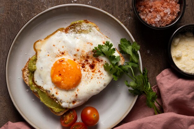 Flat lay delicious egg sandwich