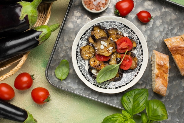 Flat lay delicious eggplant dish