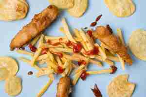 Free photo flat lay of delicious fish and chips concept