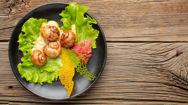 Flat lay of delicious food on wooden table