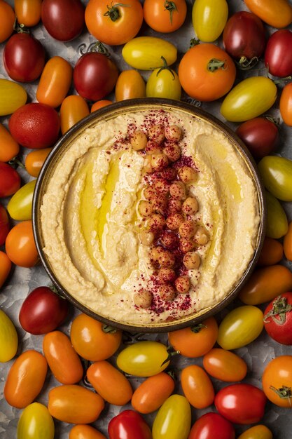 Flat lay delicious hummus on plate