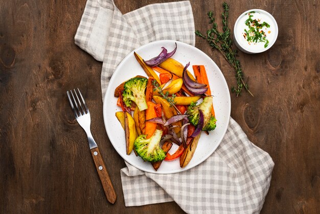 Flat lay delicious local food assortment