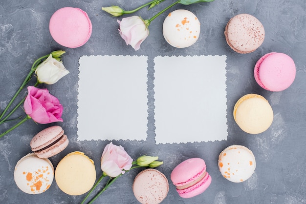 Flat lay of delicious macarons with roses and paper