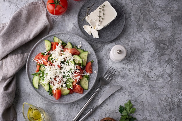 Flat lay delicious salad on plate