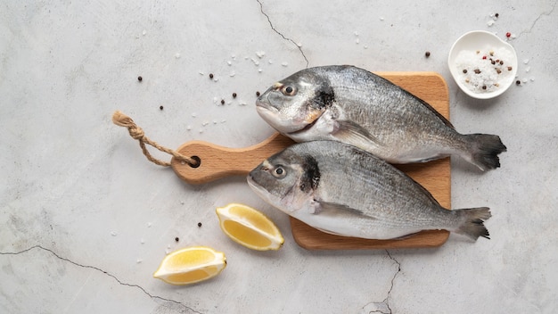 Flat lay delicious seafood arrangement