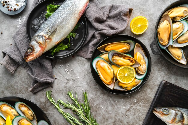 Flat lay delicious seafood composition