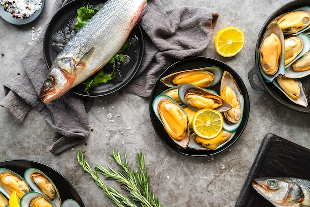 Flat lay delicious seafood composition