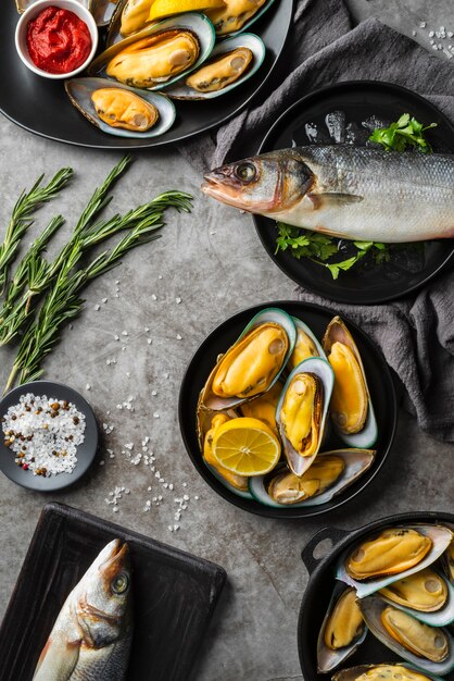 Flat lay delicious seafood composition