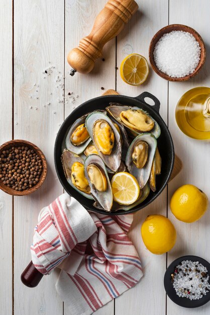 Flat lay delicious seafood composition