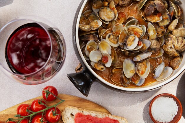 Flat lay delicious seafood on table