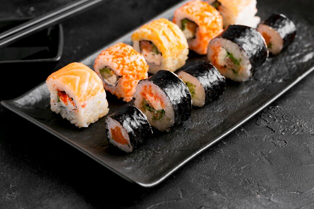 Flat lay delicious sushi close-up