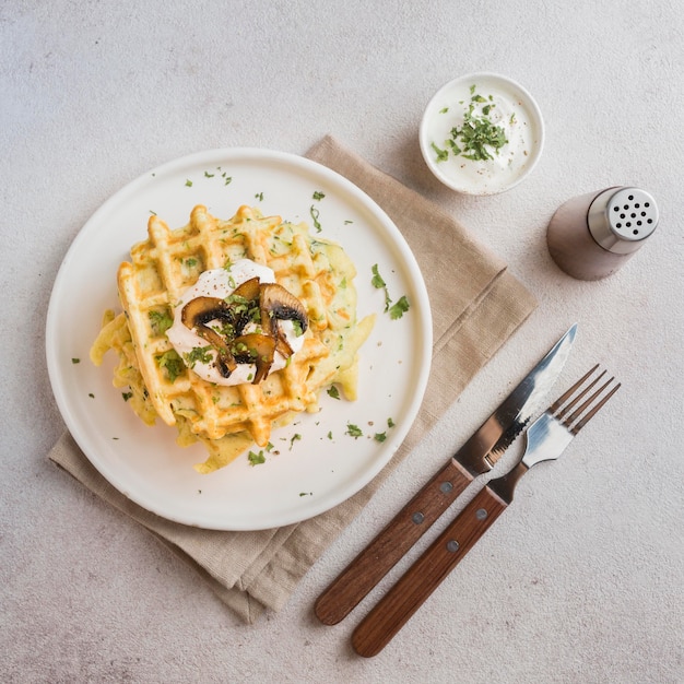 Flat lay of delicious waffers breakfast