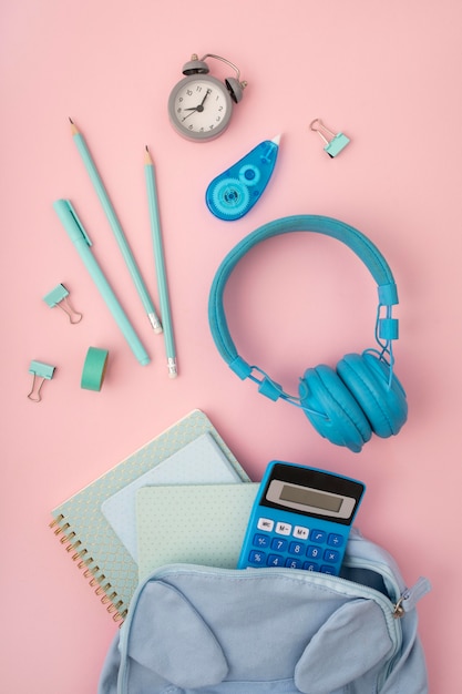 Flat lay desk arrangement with pencils